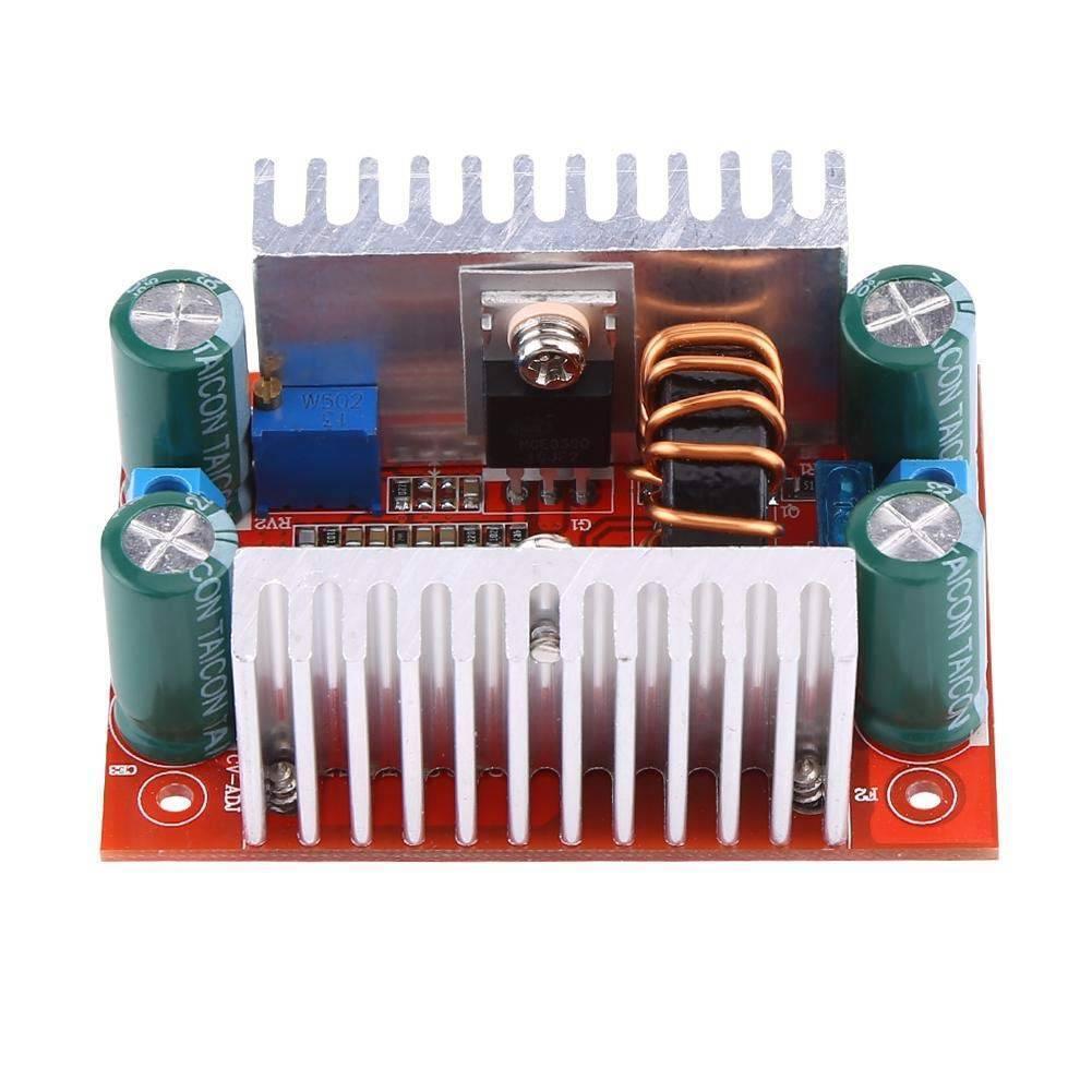 Boost Module 15A 400W DC-DC Step-up Boost Converter Module - a red circuit board, two silver heatsinks, four green capacitors, and a copper coil.