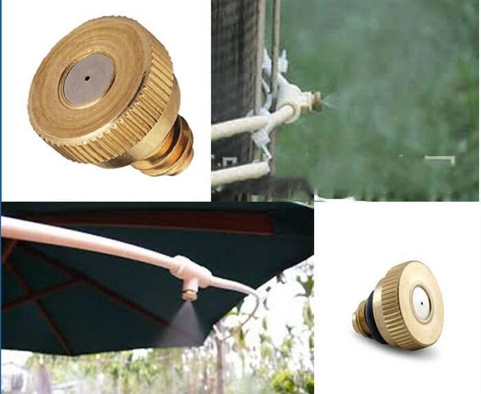 Brass Misting Nozzle 0.5mm Water Sprayer Fogging Nozzle - shown in two close-up product views and two application photos attached to tubing and an umbrella.