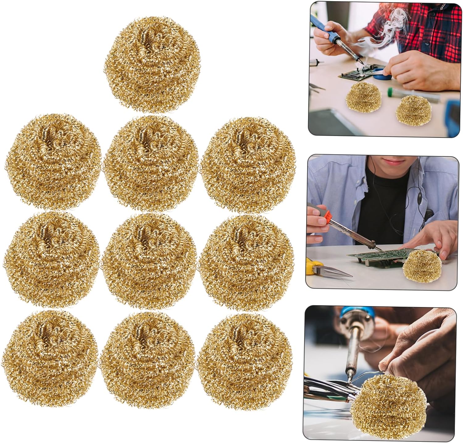 Brass Wire Sponge Soldering Iron Tip Cleaner with Metal Tin Box - a collection of ten gold-colored brass wire sponges and three photos of them in use.