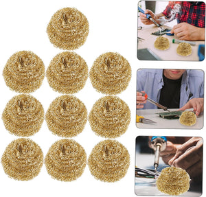 Brass Wire Sponge Soldering Iron Tip Cleaner with Metal Tin Box - a collection of ten gold-colored brass wire sponges and three photos of them in use.