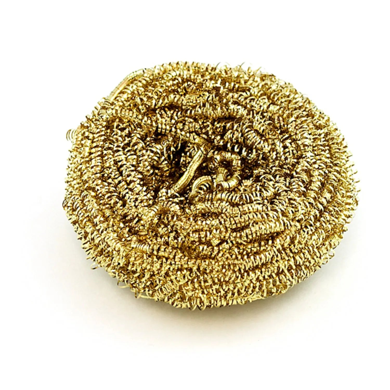 Brass Wire Sponge Soldering Iron Tip Cleaner with Metal Tin Box - a close-up of a round, gold-coloured coiled brass wire cleaning sponge.