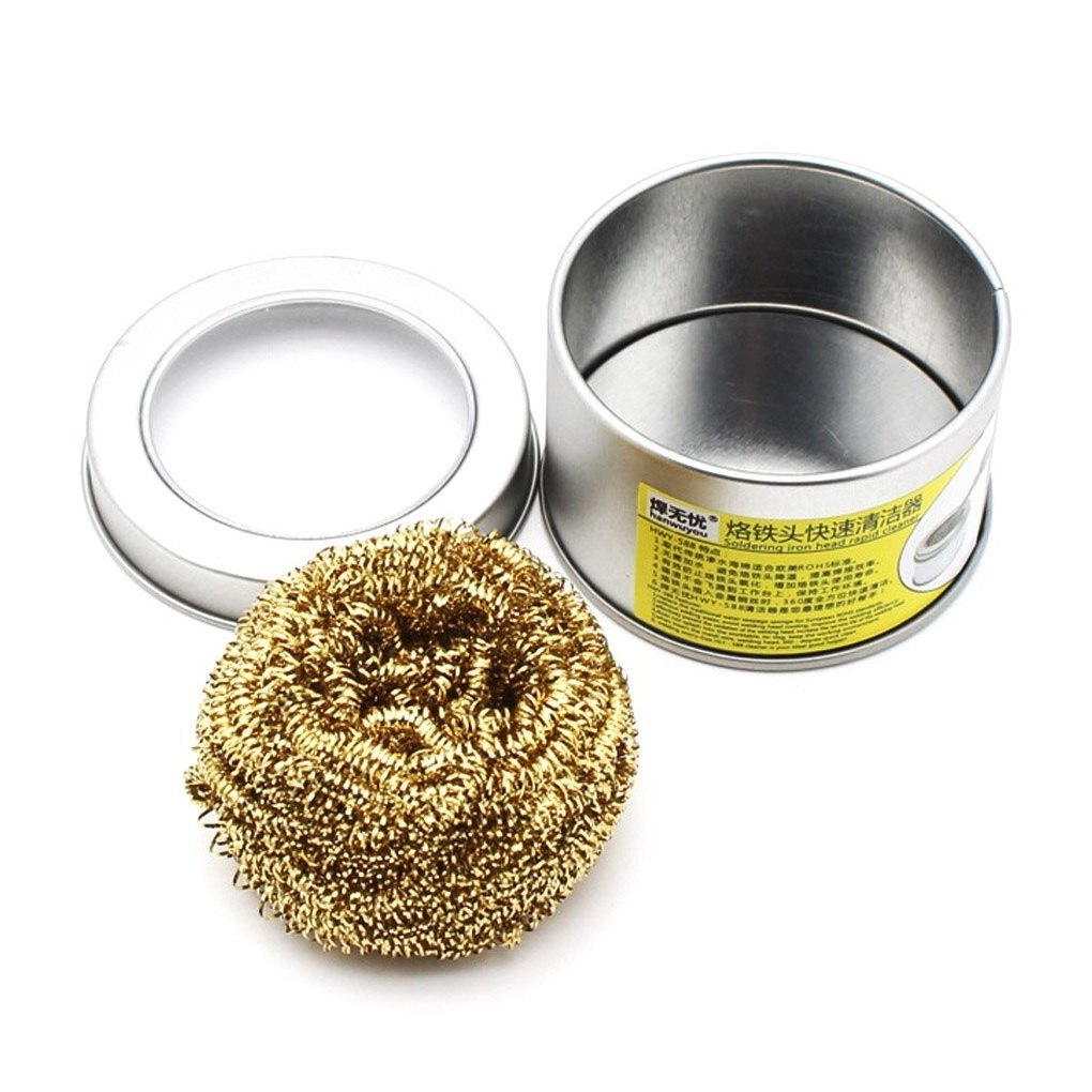 Brass Wire Sponge Soldering Iron Tip Cleaner with Metal Tin Box - a gold-coloured wire sponge next to an open metal tin container with a yellow label.