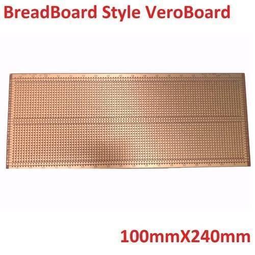Breadboard Style Veroboard 100mm x 240mm Project Board Prototyping Board Stripboard - a rectangular copper-colored prototyping board with a grid of holes and breadboard-style strip patterns.
