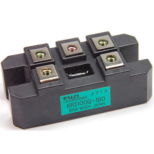 Bridge Rectifier Module 6RI100G-160 100A-1600V Fuji - a black rectangular electronic component with six metal terminals and a green product label.