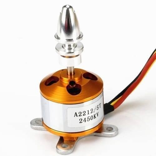 Brushless DC Motor 2450kV BLDC Motor A2212 For Quadcopter - a gold and silver cylindrical motor body with an attached propeller adapter and three-wire power cable.