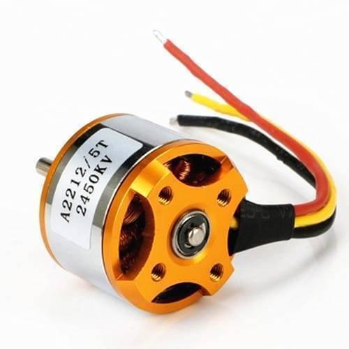 Brushless DC Motor 2450kV BLDC Motor A2212 For Quadcopter - a gold and silver cylindrical motor with three colored wires extending from the side.