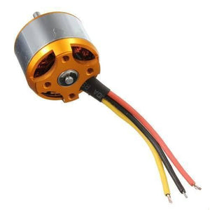 Brushless DC Motor 2450kV BLDC Motor A2212 For Quadcopter - an orange and silver motor with three exposed wire leads in yellow, black, and red.