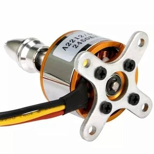 Brushless DC Motor 2450kV BLDC Motor A2212 For Quadcopter - a silver and orange cylindrical motor with a propeller adapter and a four-hole mounting bracket attached.
