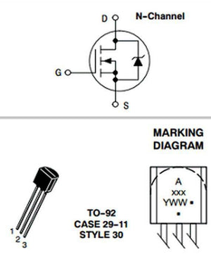 BS107 MOSFET - Transistor - the N-channel schematic symbol, a TO-92 package illustration with three pins, and a marking diagram with text.