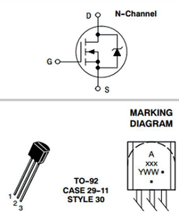 BS107 MOSFET - Transistor - the N-channel schematic symbol, a TO-92 package illustration with three pins, and a marking diagram with text.