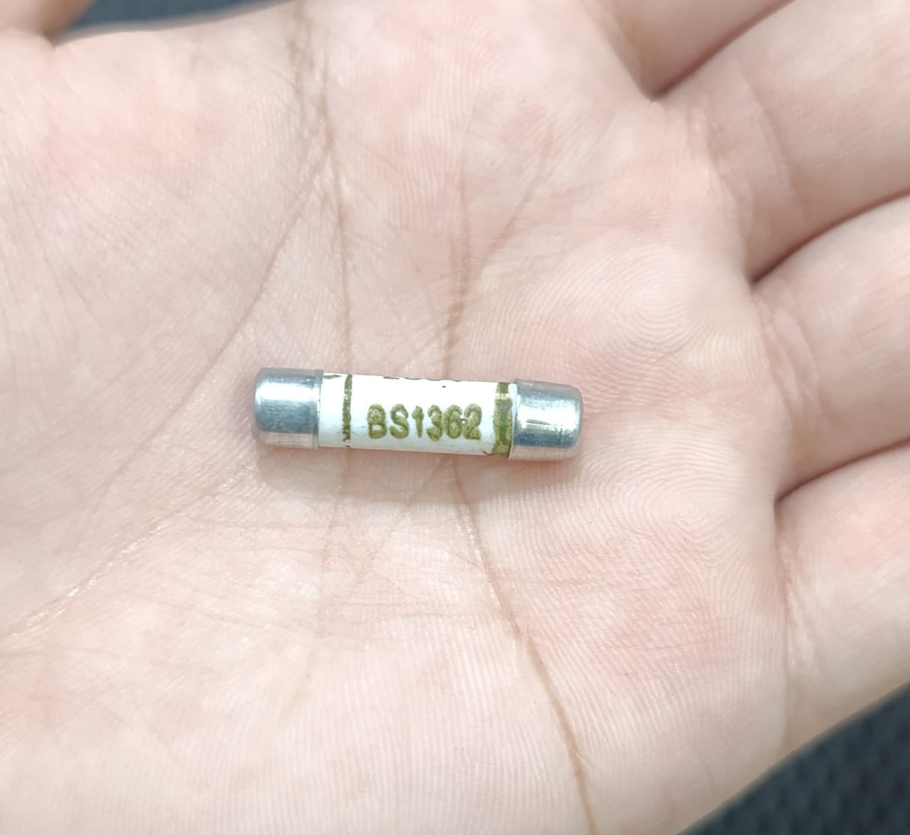 BS1362 13A Ceramic Fuse - a small white cylindrical fuse with metal end caps, held in a palm and showing the text BS1362 printed on its body.