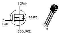 BS170 n Channel e MOSFET - a schematic diagram with labeled Drain, Gate, and Source pins next to a black three-pin transistor component.