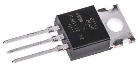 BT151 SCR TRIAC Thyristor Datasheet - a black electronic component with three metal pins and a mounting tab, showing the NXP logo and BT151 800R text on the casing.