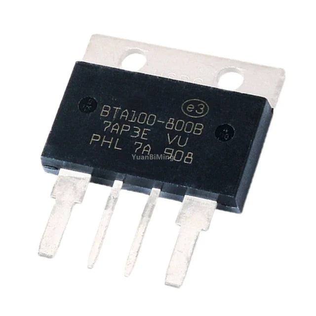BTA100-800B 100A 800V TRIAC - a black electronic component with a metal mounting tab and four metal pins, showing printed text on its front surface.