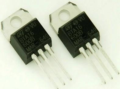 BTA16 TRIAC Thyristor | High-quality Electronics Components - two black, three-pin electronic components with metal heatsink tabs, each labeled BTA16 600B.