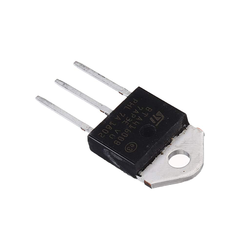 BTA41600 TRIAC - shown as a black electronic component with three metal pins and a silver mounting tab with a hole, viewed from an angled perspective.