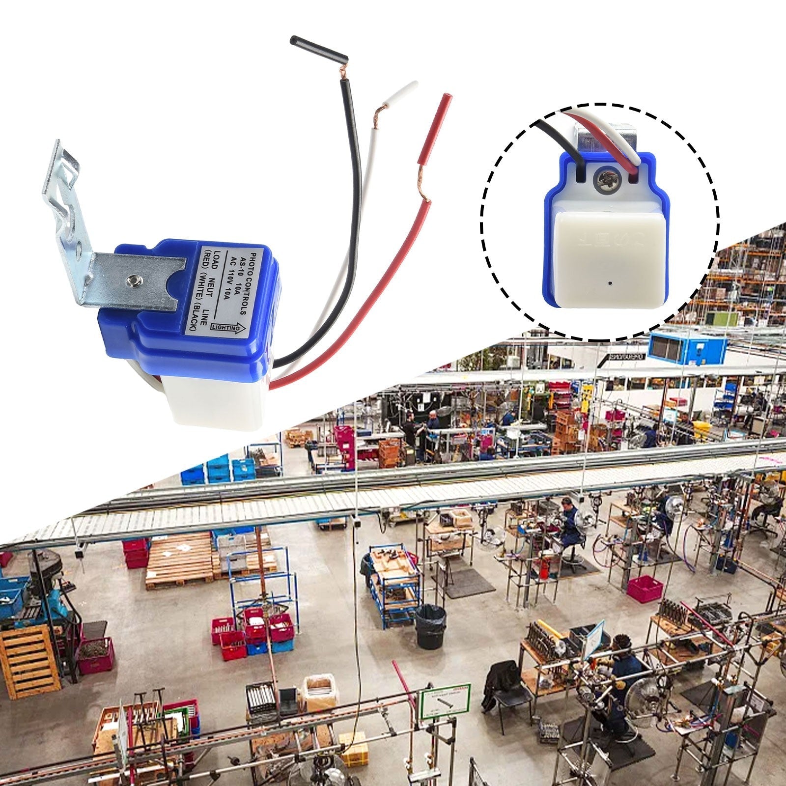 Bulk Orders| Photocell Automatic Light Control Sun Switch LDR As-10-220 Day Night Sensor Switch - a blue and white sensor with three wire leads and a metal mounting bracket.