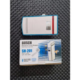 Busch SH-201 3-Pin Power Plug with Built-in Circuit Breaker For AC - shown as a white and blue unit next to its white cardboard packaging box.