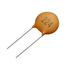 Buy 0.22µF 220,000pF 220nF Capacitors Online at Best Prices - a round, tan-colored ceramic disc capacitor with two thin metal leads and the number 224 printed on its surface.