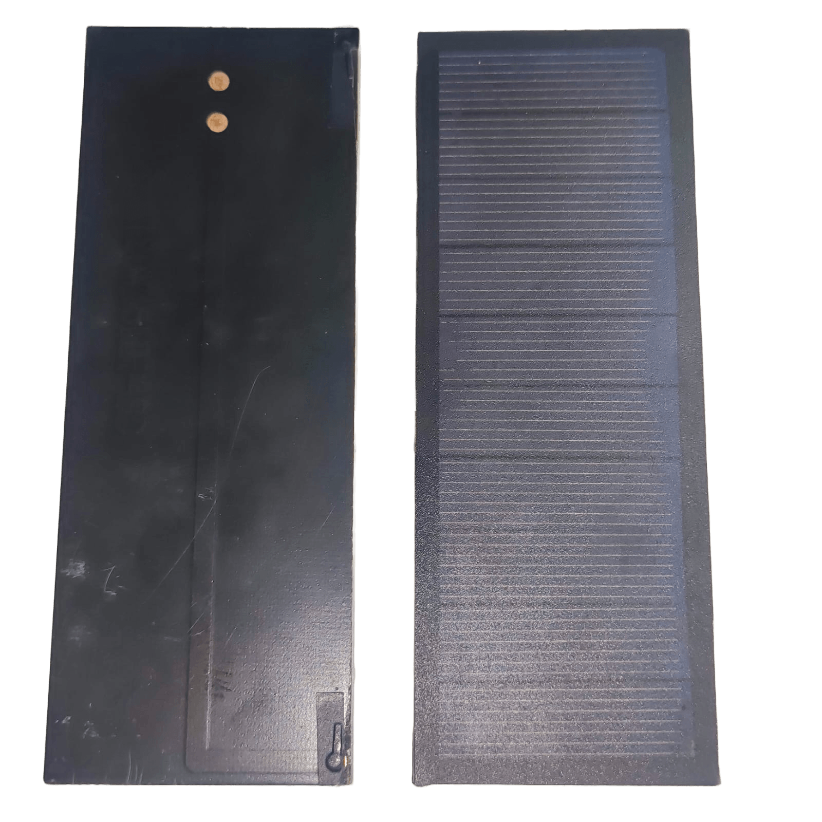 Buy 6V Mini Solar Cell Solar Module | Monocrystalline Solar Panel For DIY Projects At Digilog.pk - the black rectangular front panel with grid lines and the reverse side with two circular contact points.
