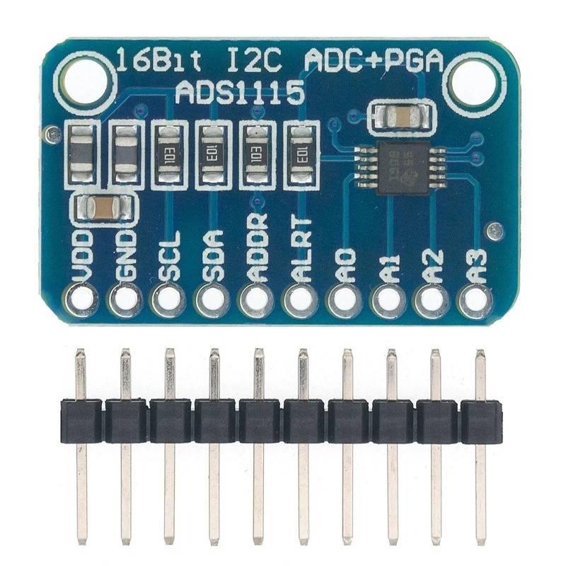 Buy ADS1115 16 Bit ADC 4 Channel With Programmable Gain Amplifier - a blue rectangular circuit board with ten labeled pin holes and a separate ten-pin header strip positioned below it.