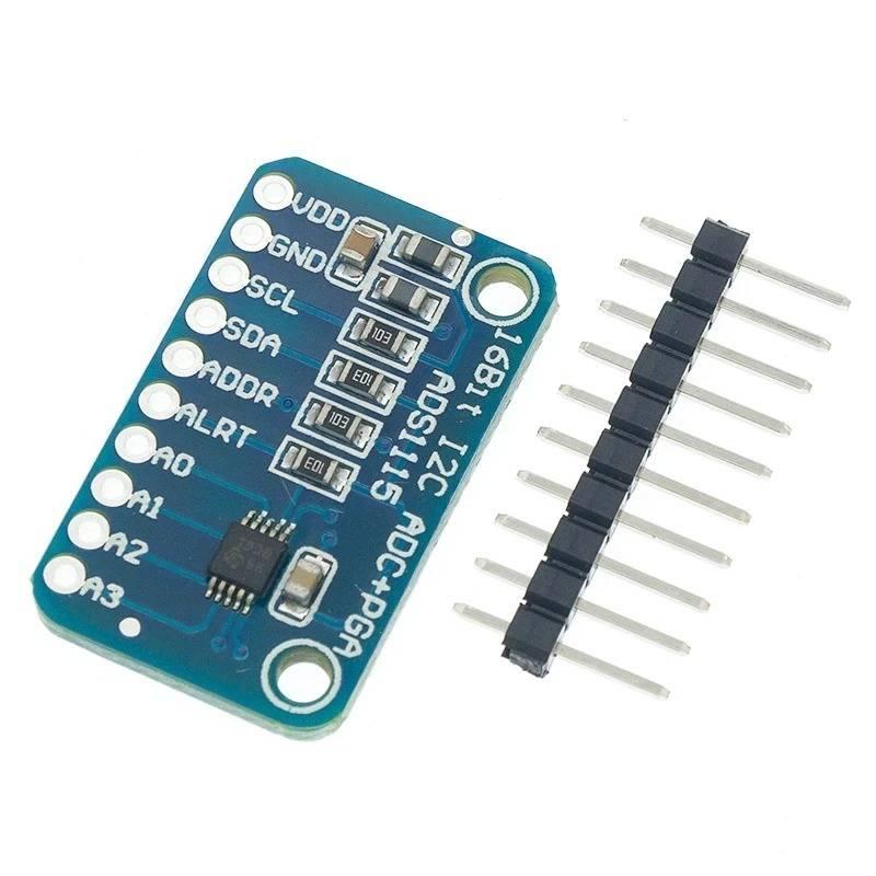 Buy ADS1115 16 Bit ADC 4 Channel With Programmable Gain Amplifier - a blue circuit board with pin labels and a separate row of ten header pins.