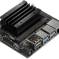 Buy Nvidia Jetson Nano 4GB Developer Kit B01 - a black circuit board with a large heatsink, USB ports, Ethernet port, HDMI port, and power connector.