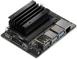 Buy Nvidia Jetson Nano 4GB Developer Kit B01 - a black circuit board with a large heatsink, USB ports, Ethernet port, HDMI port, and power connector.