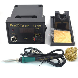 Buy SS207B Proskit Soldering Station - a black control unit with a display, knob, and connector, plus a soldering iron, stand, sponge, and wire cleaner.