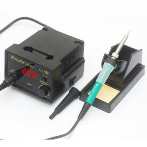 Buy SS207B Proskit Soldering Station - a black control unit with a digital display reading 208, a knob, a port, and a soldering iron with a stand.