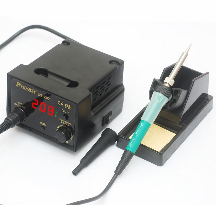 Buy SS207B Proskit Soldering Station - a black control unit with a digital display reading 208, a knob, a port, and a soldering iron with a stand.