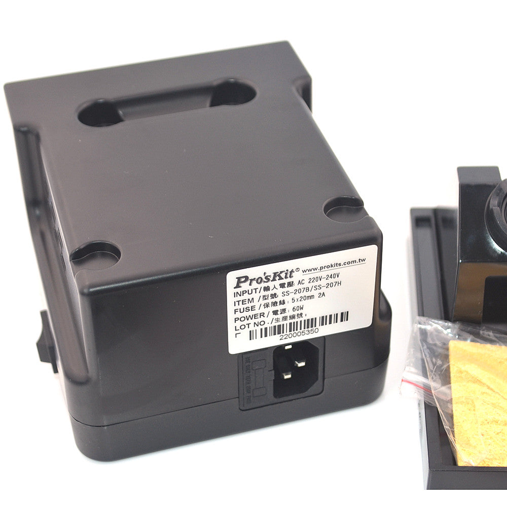 Buy SS207B Proskit Soldering Station - the black rear casing with a power input port, a fuse compartment, and a label with technical specifications.