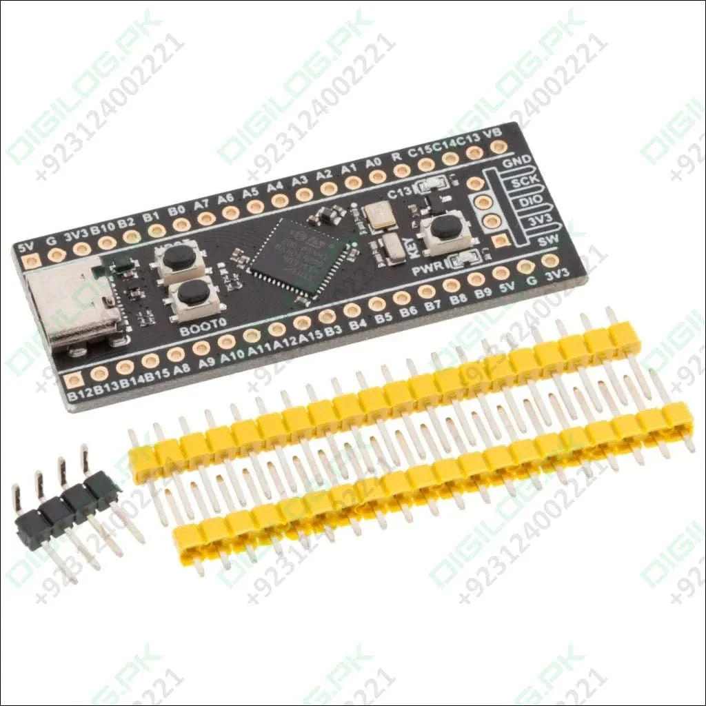 Buy STM32F411CEU6 Black Pill Development Board - Affordable MCU Development Module - rectangular circuit board with a USB-C port, two buttons, and two rows of loose header pins.