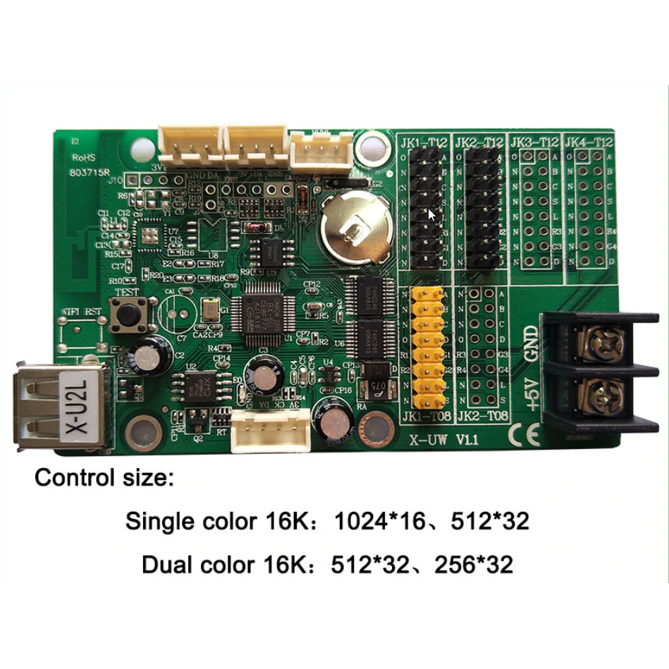 Bx-u2l P10 LED Signs Control Card, P10 Display Module Control Card,single&double Color Advertising LED Panel Controller - a green rectangular circuit board featuring a USB port, multiple pin headers, a power terminal, and text specifications.