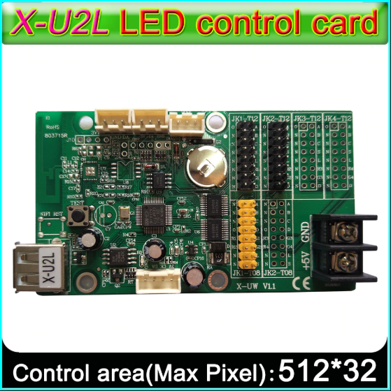 Bx-u2l P10 LED Signs Control Card, P10 Display Module Control Card,single&double Color Advertising LED Panel Controller - a green rectangular circuit board featuring a USB port, power terminal, multiple pin headers, and a button.