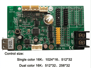 Bx-u2l P10 LED Signs Control Card, P10 Display Module Control Card, Single & Double Color Advertising LED Panel Controller - a green rectangular circuit board featuring a USB port, multiple pin headers, a power terminal, and control specs.