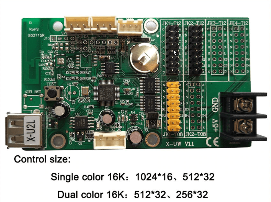 Bx-u2l P10 LED Signs Control Card, P10 Display Module Control Card, Single & Double Color Advertising LED Panel Controller - a green rectangular circuit board featuring a USB port, multiple pin headers, a power terminal, and control specs.