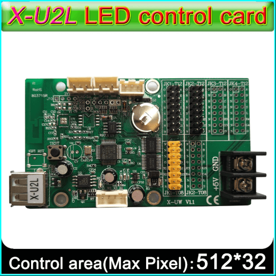 Bx-u2l P10 LED Signs Control Card, P10 Display Module Control Card, Single & Double Color Advertising LED Panel Controller - a green rectangular circuit board with a USB port, power terminal, multiple pin headers, and a coin cell battery.