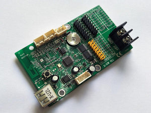 Bx-u2l P10 LED Signs Control Card, P10 Display Module Control Card, Single & Double Color Advertising LED Panel Controller - a green rectangular circuit board featuring a USB port, a power terminal block, pin headers, and white connectors.
