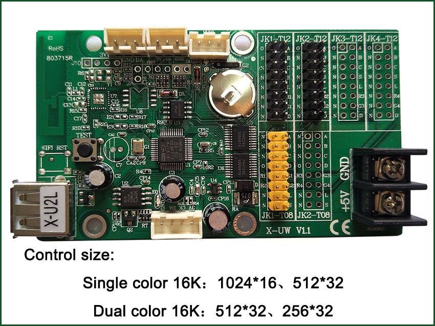 Bx-u2l P10 LED Signs Control Card, P10 Display Module Control Card, Single & Double Color Advertising LED Panel Controller - a green circuit board with a USB port, terminal block, pin headers, and printed text specifications below.