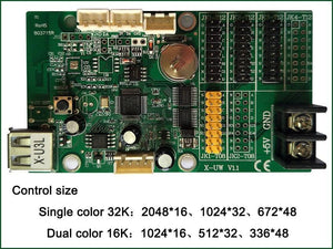 Bx-u2l P10 LED Signs Control Card, P10 Display Module Control Card, Single & Double Color Advertising LED Panel Controller - a green rectangular circuit board featuring a USB port, multiple pin headers, connectors, and control specifications.