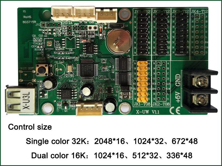 Bx-u2l P10 LED Signs Control Card, P10 Display Module Control Card, Single & Double Color Advertising LED Panel Controller - a green rectangular circuit board featuring a USB port, multiple pin headers, connectors, and control specifications.