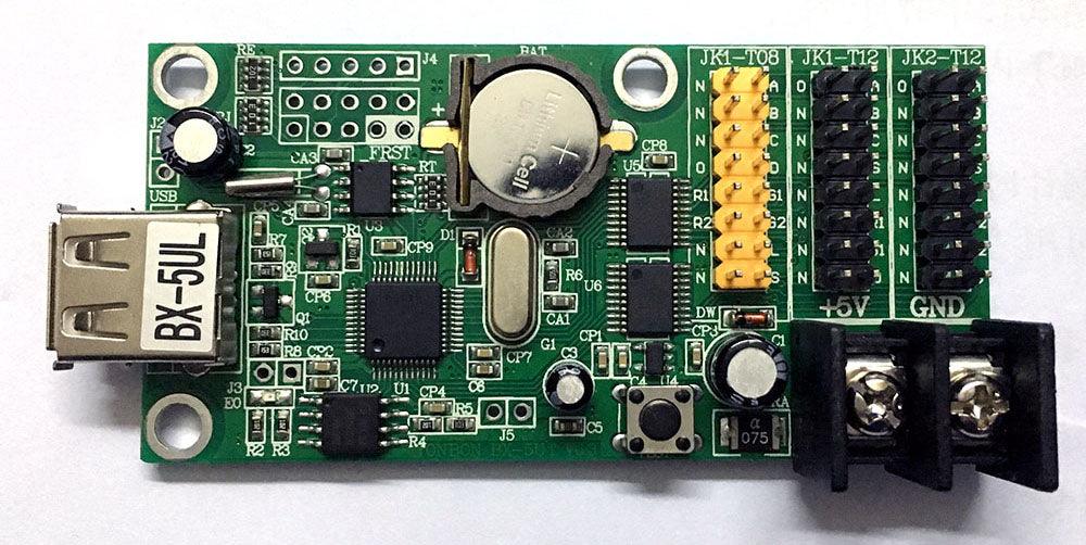 Bx-u2l P10 LED Signs Control Card, P10 Display Module Control Card, Single & Double Color Advertising LED Panel Controller - a green rectangular circuit board with a USB port, a coin cell battery holder, header pins, and a screw terminal block.