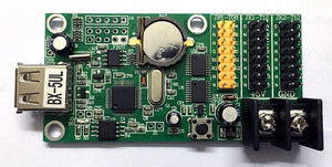 Bx-u2l P10 LED Signs Control Card, P10 Display Module Control Card, Single & Double Color Advertising LED Panel Controller - a green rectangular circuit board with a USB port, a coin cell battery holder, header pins, and a screw terminal block.