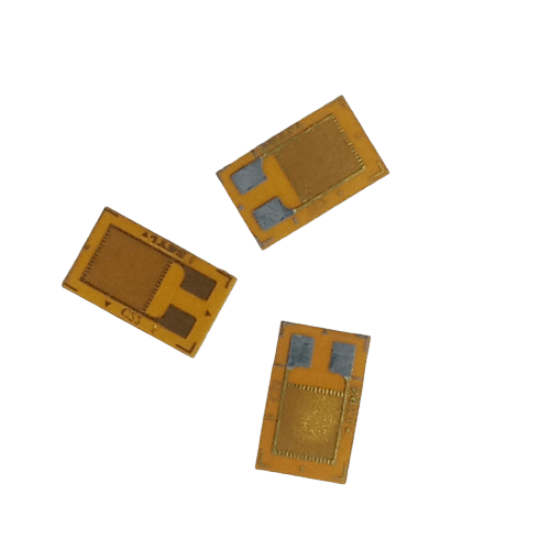 BX120-10AA Foil Resistance Strain Gauge Weighing Sensor - three rectangular, amber-colored thin film sensors with two silver contact pads each.