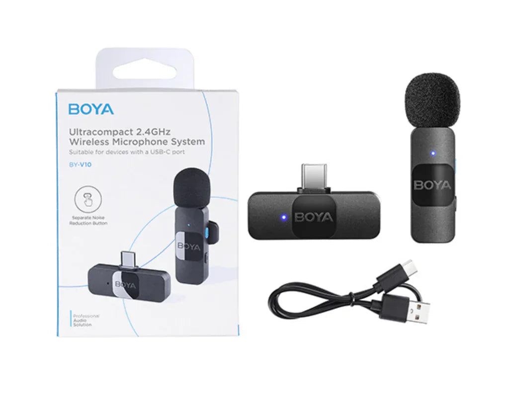 BY-V10 Boya Wireless Lapel Microphone System, USB C Omnidirectional Condenser Microphone For Youtube Tiktok Instagram Facebook Live Streaming And Vlog Recording - including a black USB-C receiver, a black clip-on microphone with foam windscreen, a charging cable, and its box.
