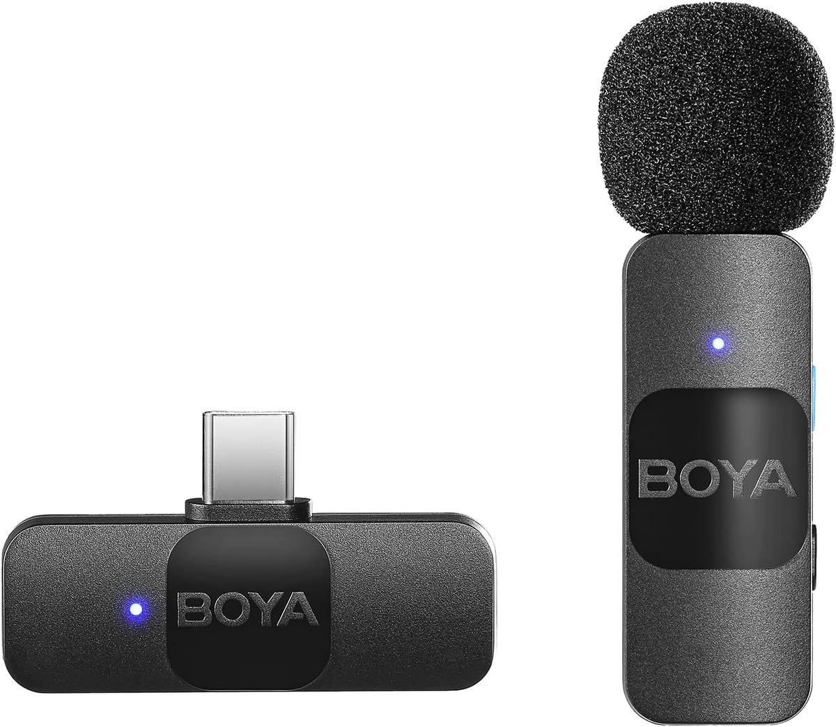 BY-V10 Boya Wireless Lapel Microphone System, USB C Omnidirectional Condenser Microphone For Youtube Tiktok Instagram Facebook Live Streaming And Vlog Recording - a black USB-C receiver and a black wireless transmitter with a foam windscreen and blue indicator lights.