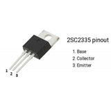 C2335 High Speed NPN Transistor - shown as a black TO-220 package with three metal pins and a pinout diagram labeled 1, 2, and 3.