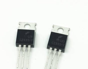 C2335 High Speed NPN Transistor - two black, three-pin electronic components with metal mounting tabs and C2335-Y markings on a white background.