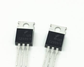 C2335 High Speed NPN Transistor - two black, three-pin electronic components with metal mounting tabs and C2335-Y markings on a white background.